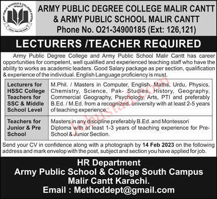 Latest Jobs in Army Public Degree College