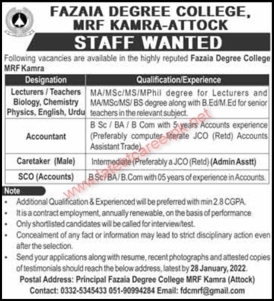 Jobs in Fazaia Degree College