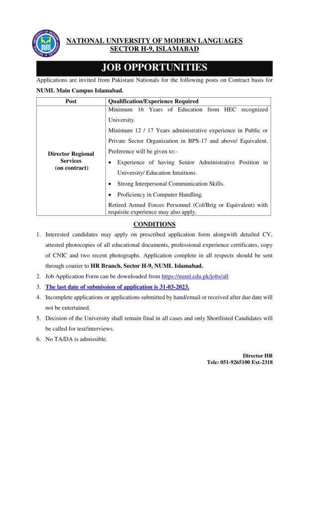 Latest jobs at NUML University Peshawar