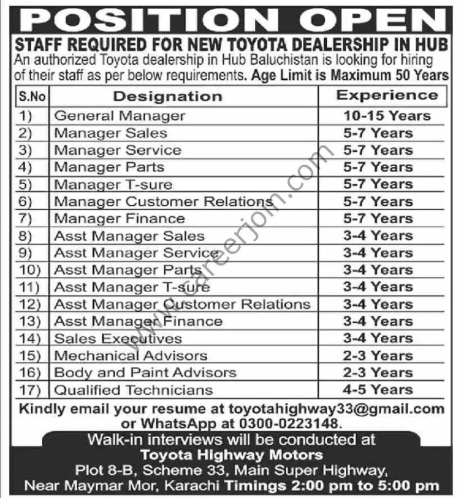 Jobs in TOYOTA Highway Motors