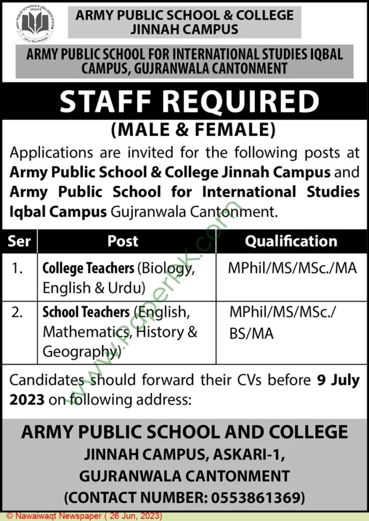 Jobs in Army Public School & College