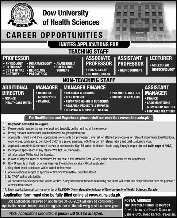 Jobs in Dow University Karachi