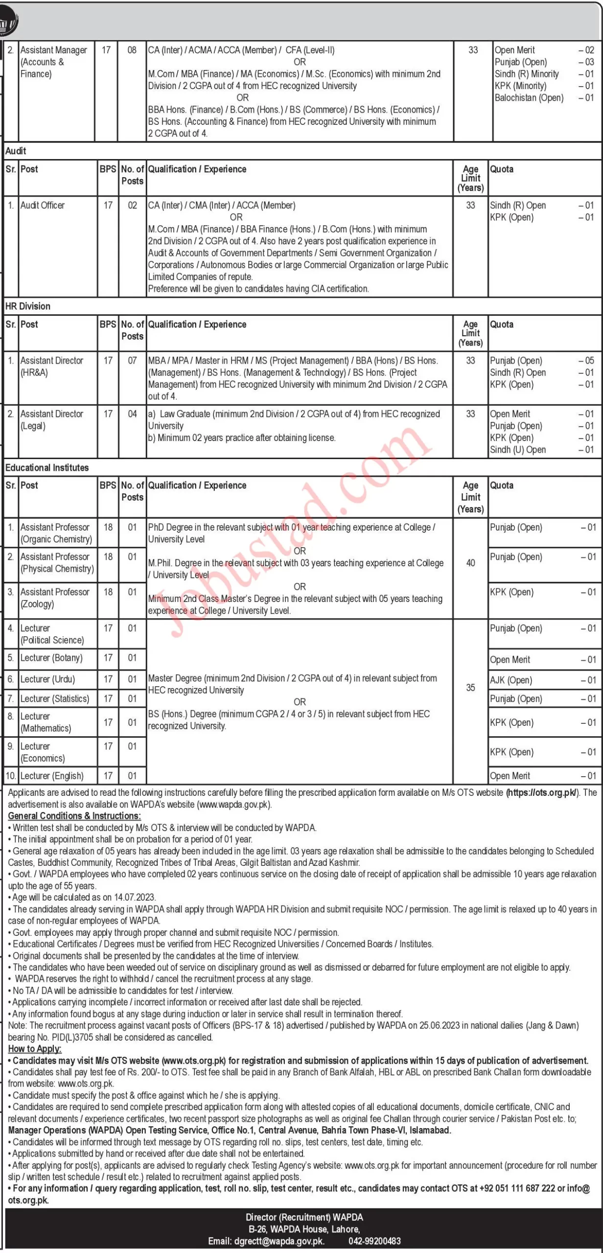 Today Lecturer jobs in Wapda