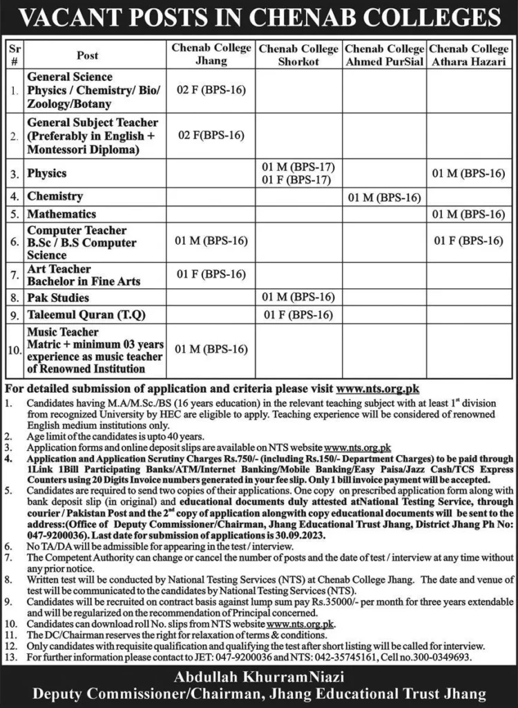 Latest NTS Teaching Jobs 2023 In College