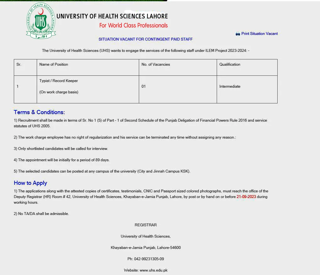 Typing Jobs in University of Health Sciences 