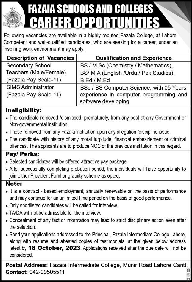Fazaia Schools and Colleges System Lahore Jobs 2023