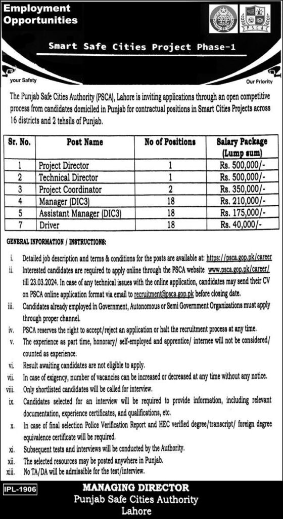 Punjab Safe City Authority (PSCA) Jobs 2024