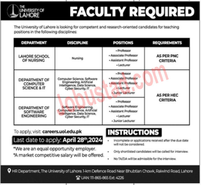 Latest University of Lahore Jobs 2024
