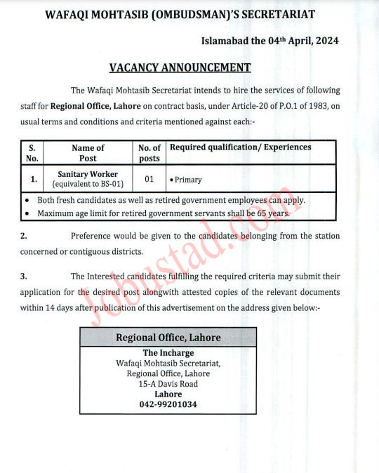 Latest Wafaqi Mohtasib Secretariat Jobs 2024