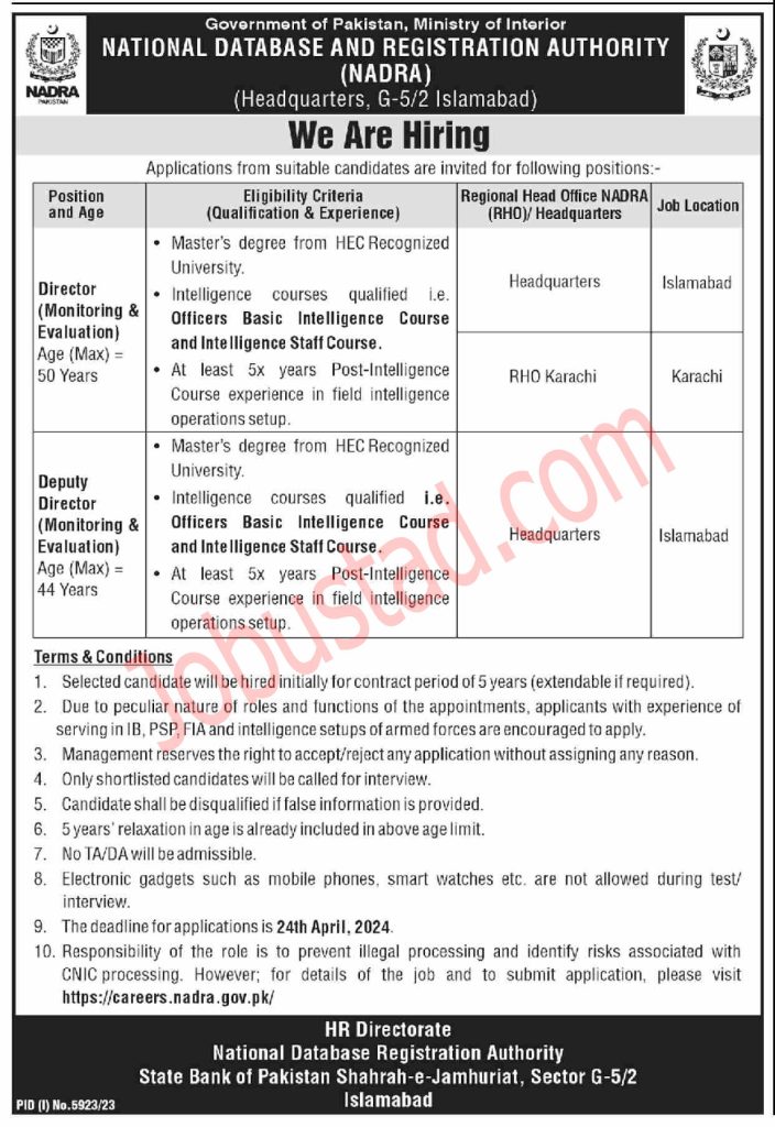 New Nadra Jobs in Islamabad April 2024-National Database & Registration Authority Jobs