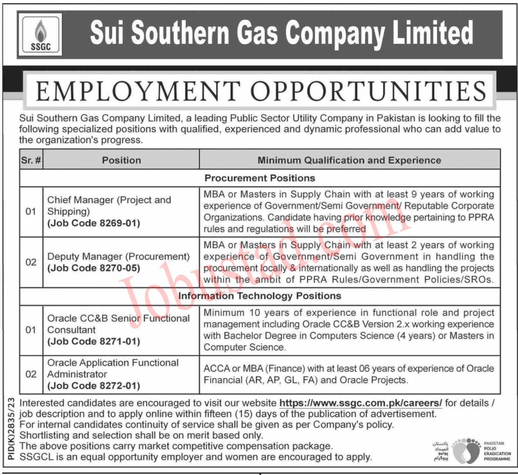 SSGC Jobs 2024 – Sui Southern Gas Company Limited Jobs