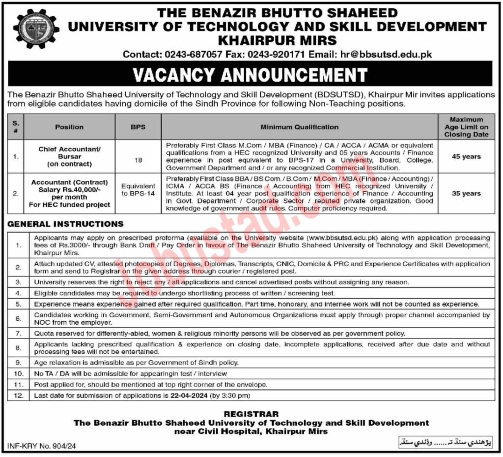 Shaheed Benazir Bhutto University Jobs 2024