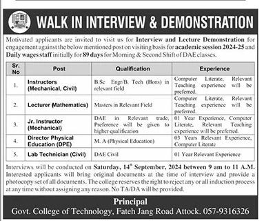 Latest Govt College of Technology Jobs in Attock September 2024 Advertisement