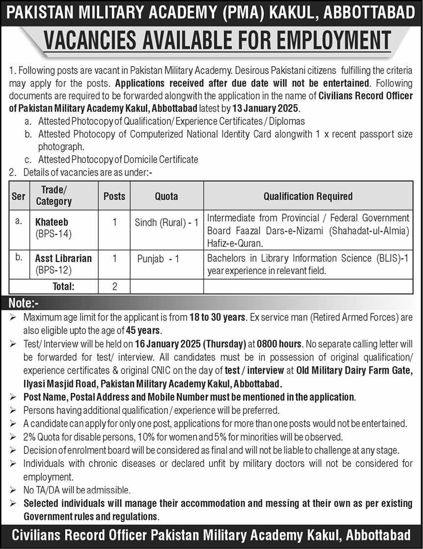 Pakistan Military Academy PMA Jobs 2025 Online Apply