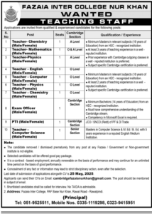 Fazaia Inter College Nur Khan Teaching Jobs 2025